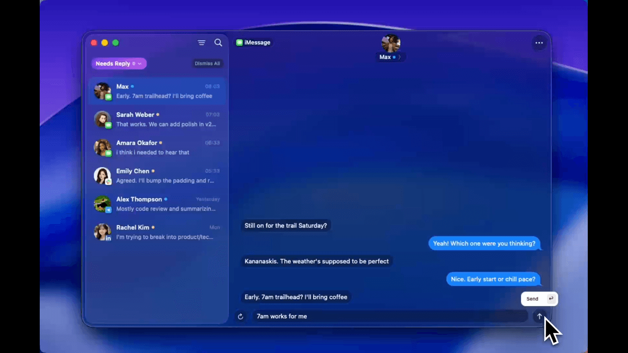 NOX on macOS with an iMessage conversation open and an AI-drafted reply ready to review